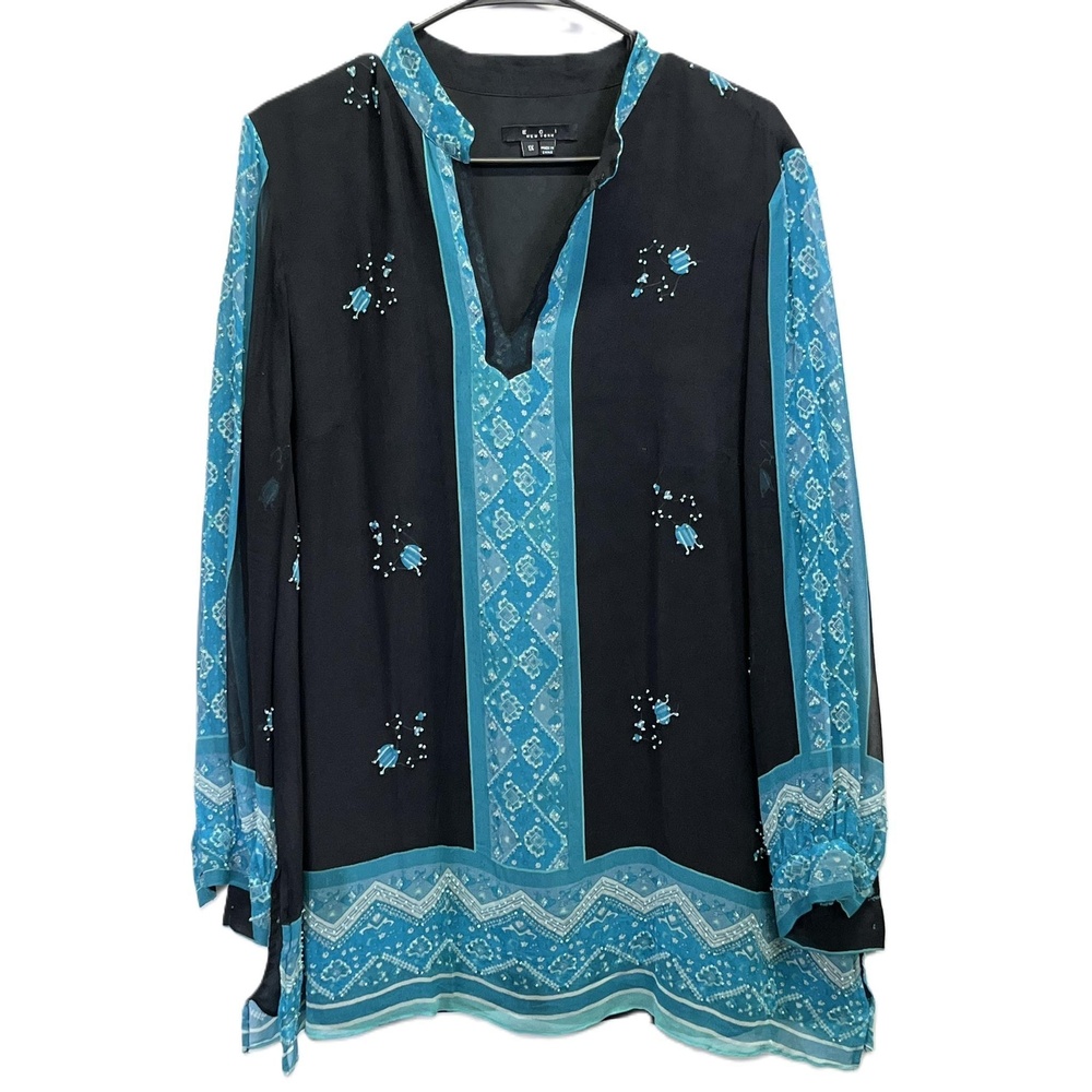 ECI‎ New York Silk Artsy Beaded Top Tunic Blue/Black Womens Long Sleeve Size 1X